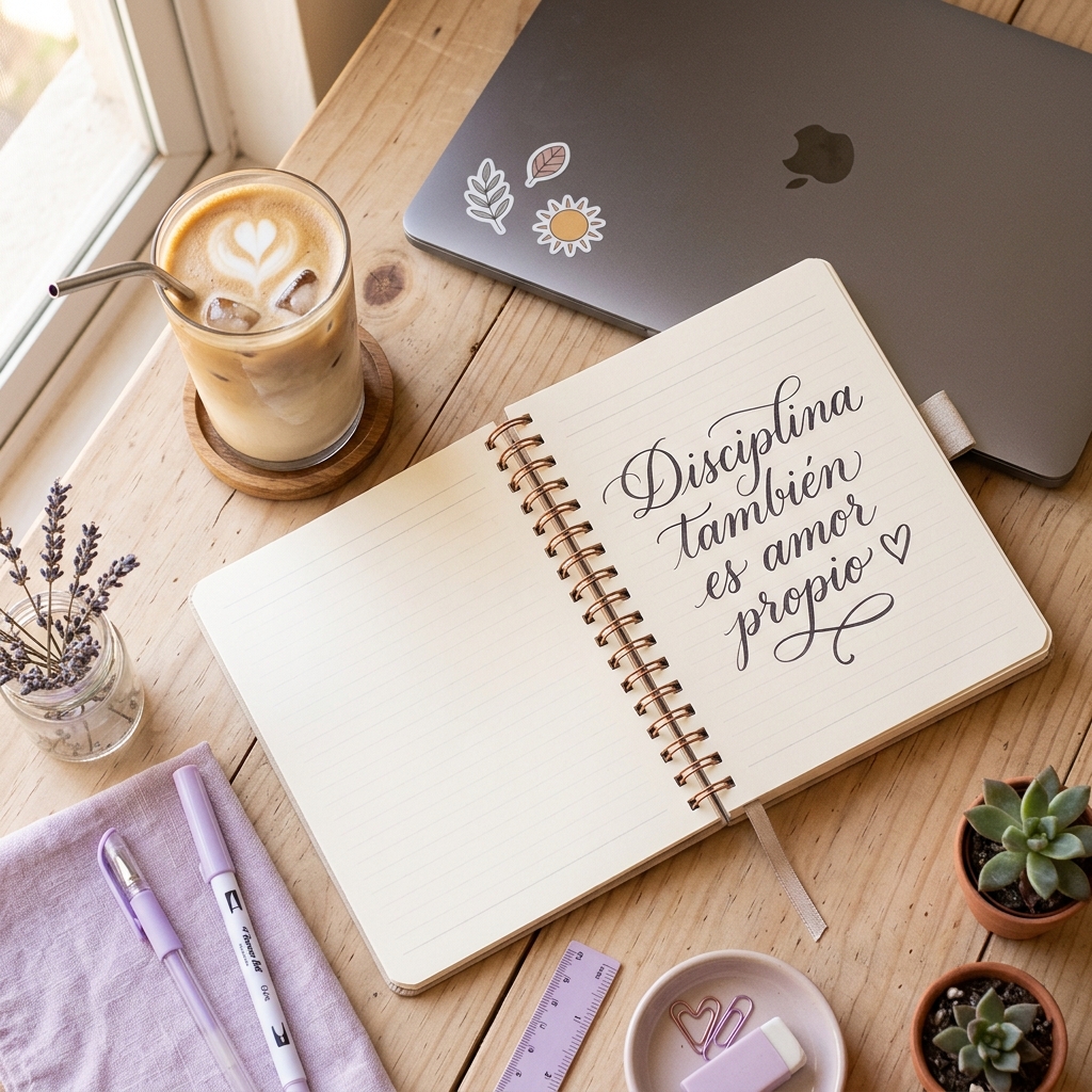 Cuaderno con frase: Disciplina también es amor propio ♡